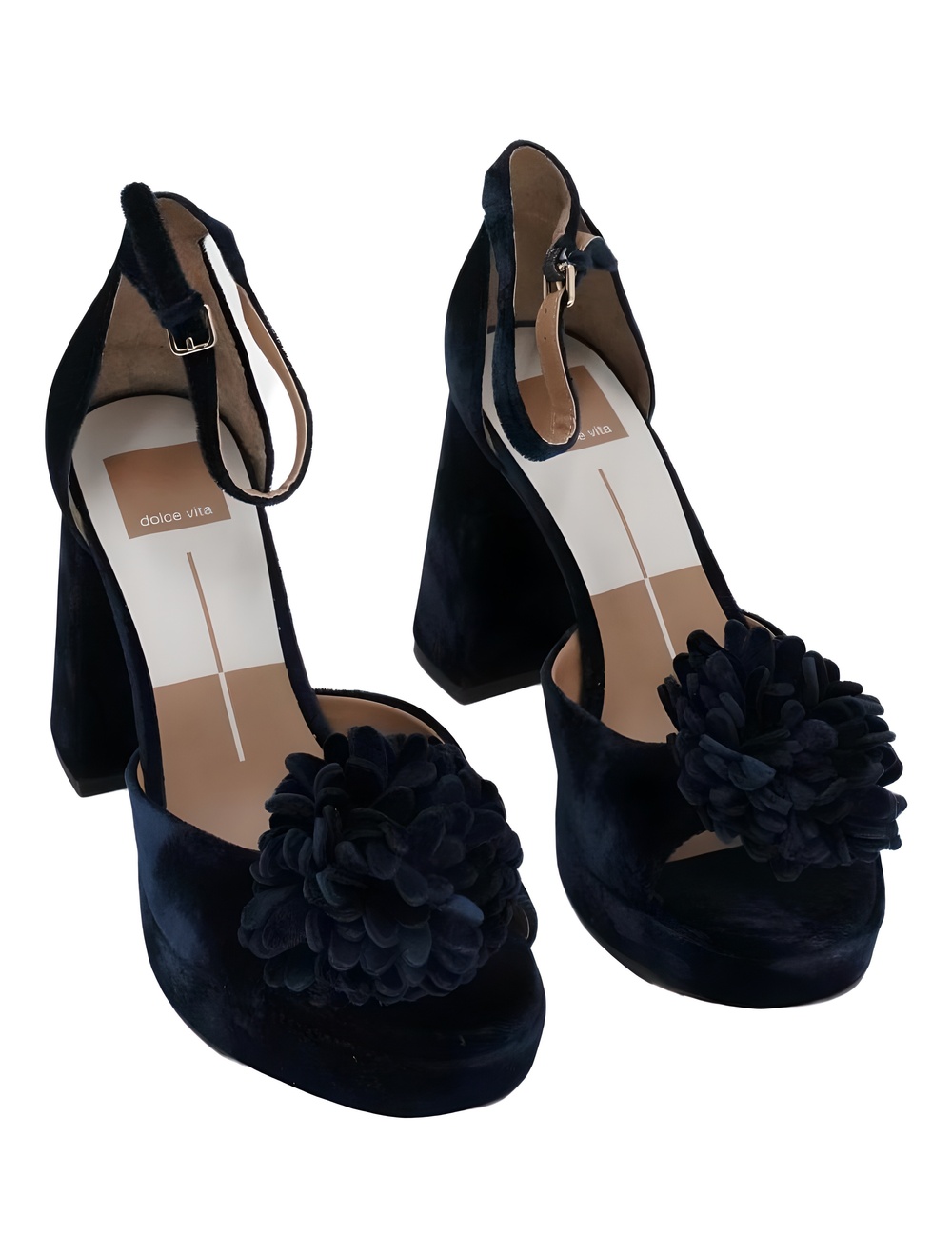 Dolce Vita Perel Dark Navy Velvet Flower Platform 3.5" Block Heel Sandals Size 7